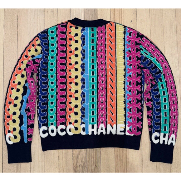 Chanel 21K Blue Rainbow Letter Logo CC Button Long Sleeve Cardigan Sweater 36 - Picture 10 of 15